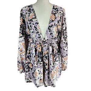 Free People Romper Size L Black Ivory Boho Floral Linen Blend Coastal Open Back
